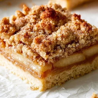 Delicious Apple Crisp Bars with oats and cinnamon on a wooden plate.