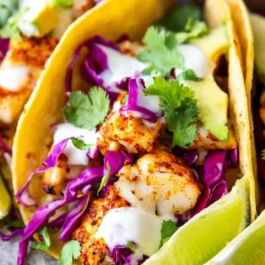Delicious Baja Fish Tacos topped with fresh ingredients and served on a plate.
