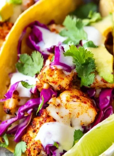 Delicious Baja Fish Tacos topped with fresh ingredients and served on a plate.