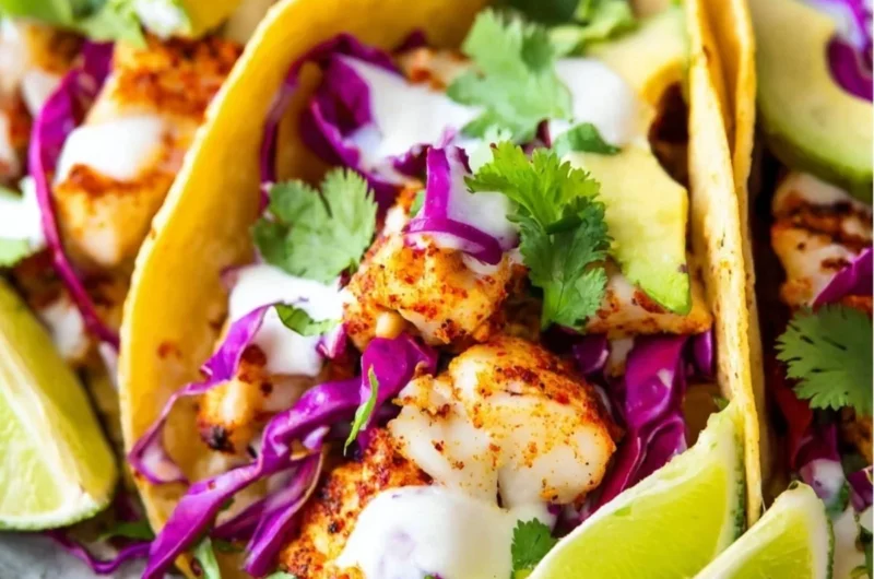 Delicious Baja Fish Tacos topped with fresh ingredients and served on a plate.