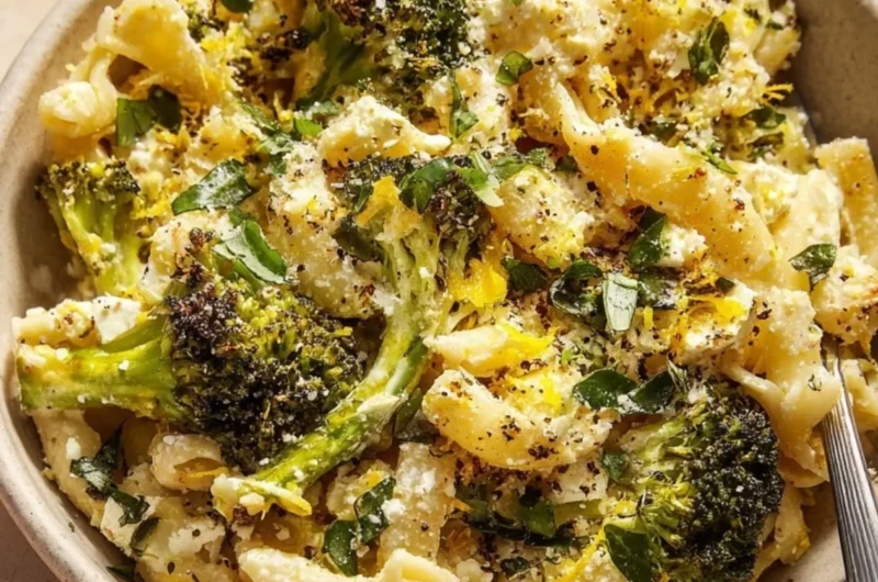 Baked Feta and Broccoli Pasta topped with fresh herbs
