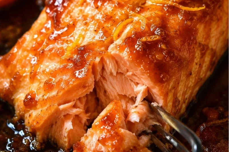 Baked salmon fillet topped with orange sauce on a serving plate