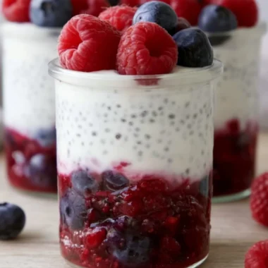 Berry and chia yogurt parfait in a clear glass, topped with fresh berries.