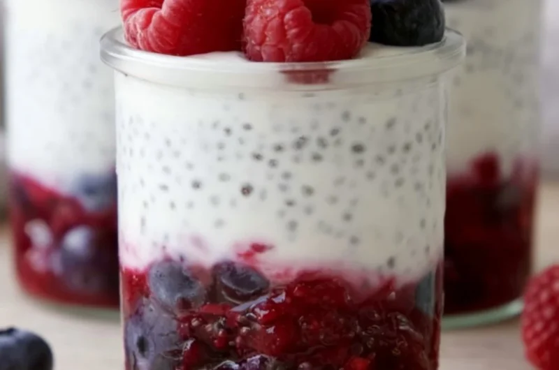 Berry and chia yogurt parfait in a clear glass, topped with fresh berries.