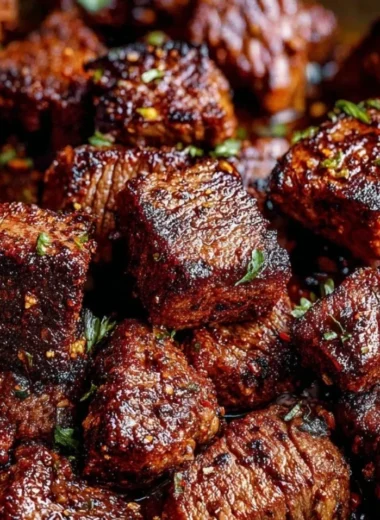 Cajun Butter Steak Bites served in a skillet with herbs and spices