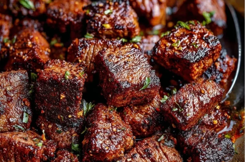 Cajun Butter Steak Bites served in a skillet with herbs and spices
