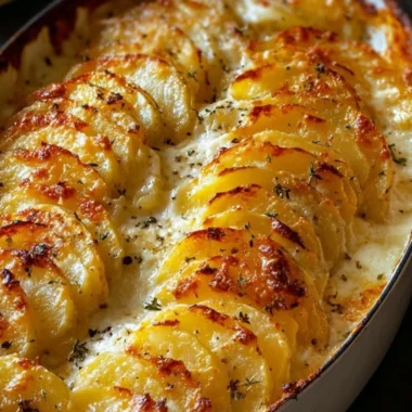 Creamy cheesy potatoes gratin freshly baked and garnished