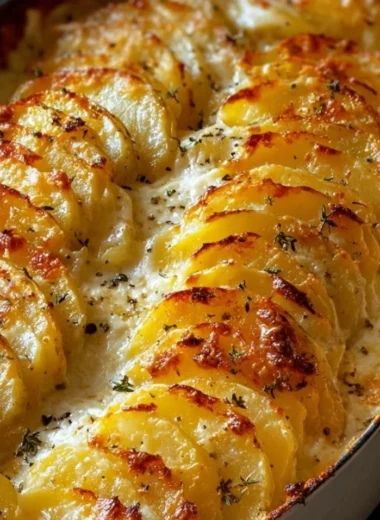 Creamy cheesy potatoes gratin freshly baked and garnished