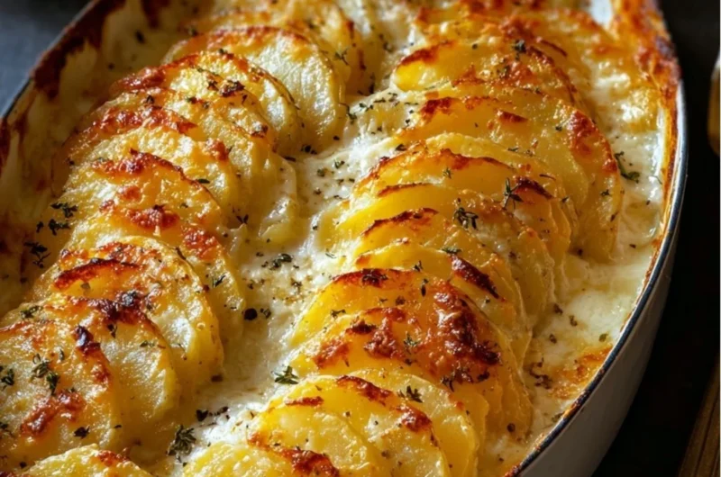 Creamy cheesy potatoes gratin freshly baked and garnished