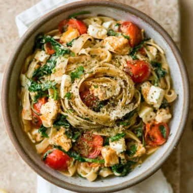 Plate of Chicken Feta Spinach Pasta garnished with fresh herbs and feta cheese.