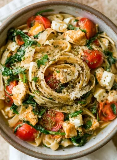 Plate of Chicken Feta Spinach Pasta garnished with fresh herbs and feta cheese.
