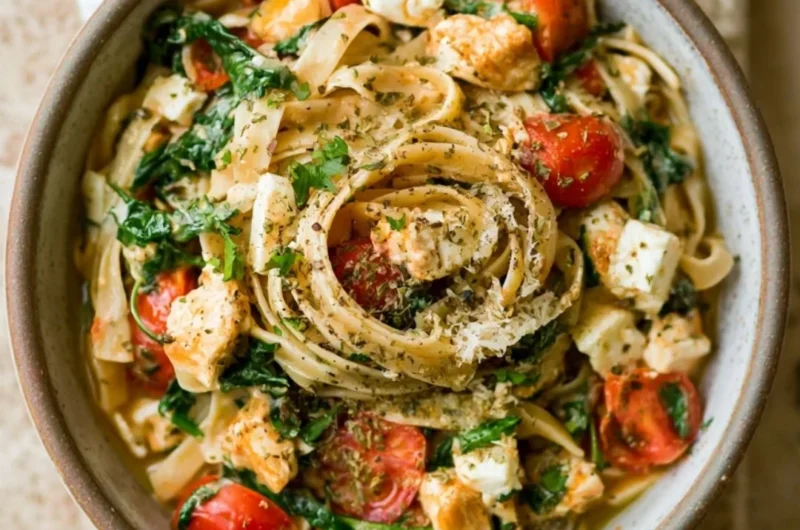 Plate of Chicken Feta Spinach Pasta garnished with fresh herbs and feta cheese.
