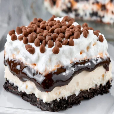 Layered chocolate lasagna dessert with creamy filling and chocolate toppings