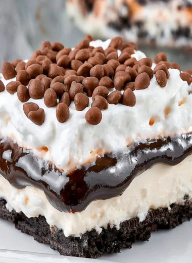 Layered chocolate lasagna dessert with creamy filling and chocolate toppings