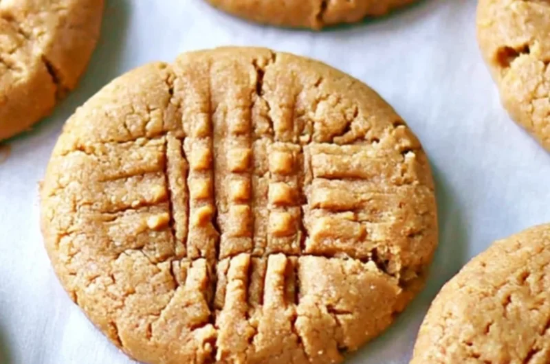 Three delicious homemade peanut butter cookies on a plate.