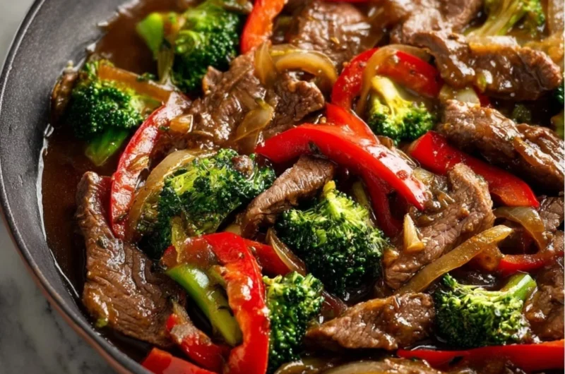 Cozy beef stir fry with colorful vegetables and tender beef slices