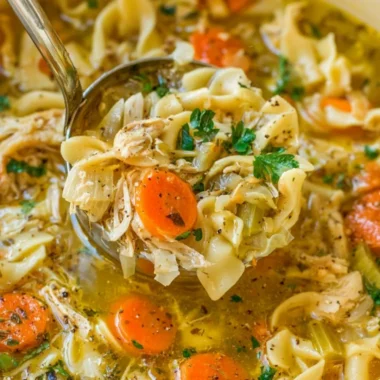 Bowl of cozy chicken noodle soup with vegetables and herbs
