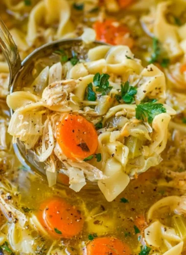 Bowl of cozy chicken noodle soup with vegetables and herbs