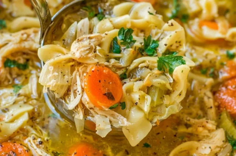 Bowl of cozy chicken noodle soup with vegetables and herbs