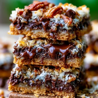 Delicious Hello Dolly Magic Cookie Bars on a cozy wooden table
