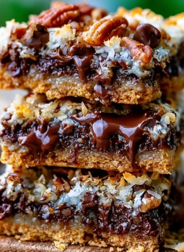 Delicious Hello Dolly Magic Cookie Bars on a cozy wooden table