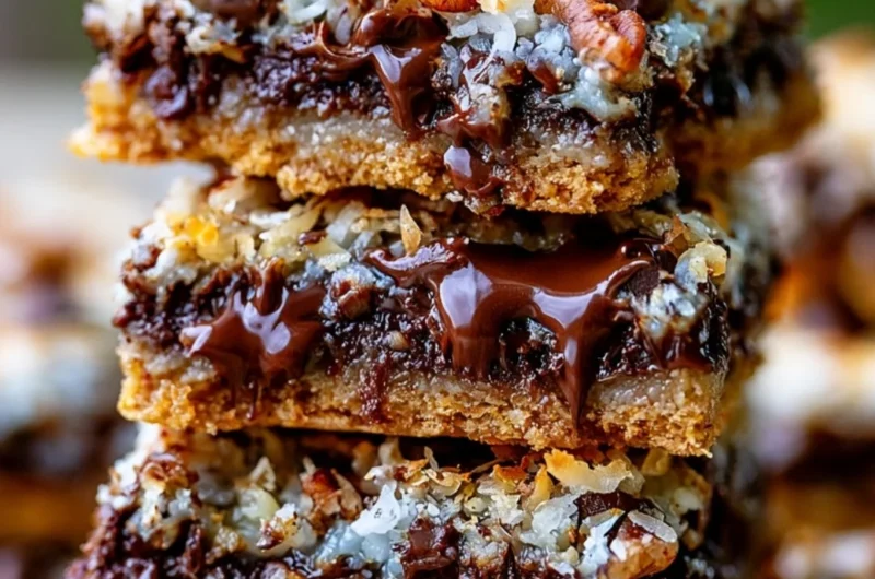 Delicious Hello Dolly Magic Cookie Bars on a cozy wooden table