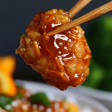 Delicious plate of cozy orange chicken garnished with fresh herbs.