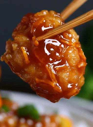 Delicious plate of cozy orange chicken garnished with fresh herbs.
