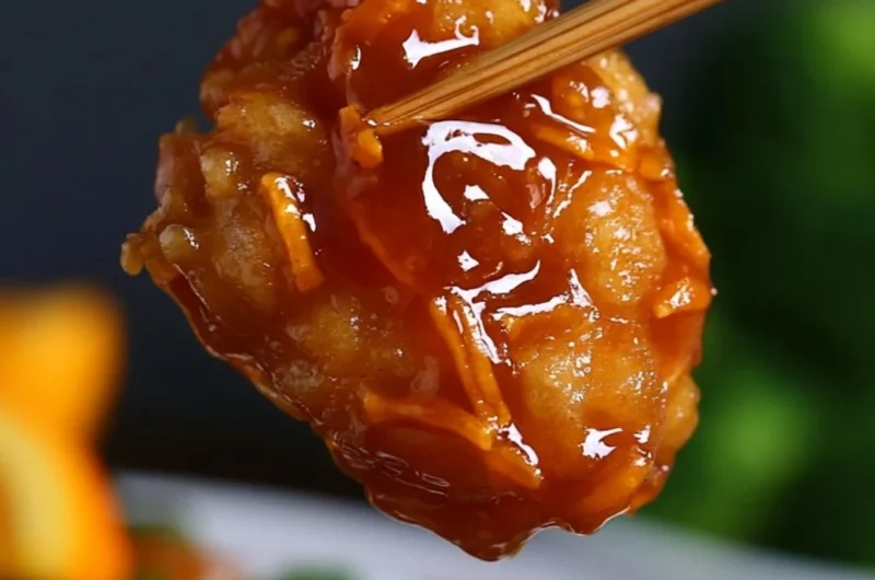 Delicious plate of cozy orange chicken garnished with fresh herbs.