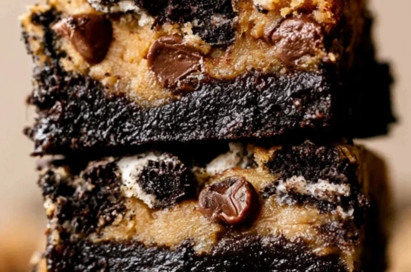 Cozy Oreo Brookies topped with Oreo cookies and chocolate chips