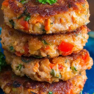 Delicious homemade salmon patties served on a plate with fresh herbs.