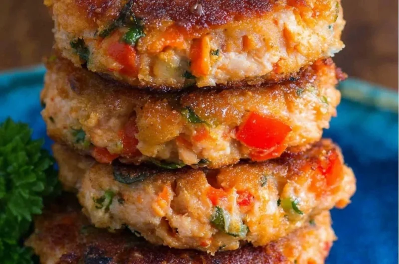 Delicious homemade salmon patties served on a plate with fresh herbs.