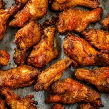 Delicious smoked chicken wings served with dipping sauce on a rustic wooden table.