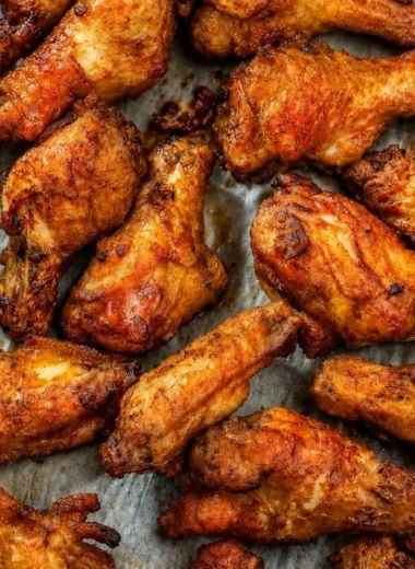 Delicious smoked chicken wings served with dipping sauce on a rustic wooden table.
