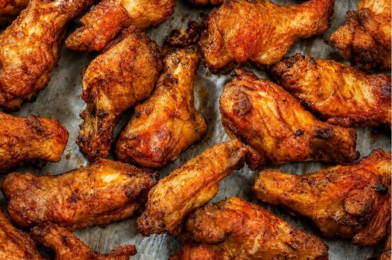 Delicious smoked chicken wings served with dipping sauce on a rustic wooden table.