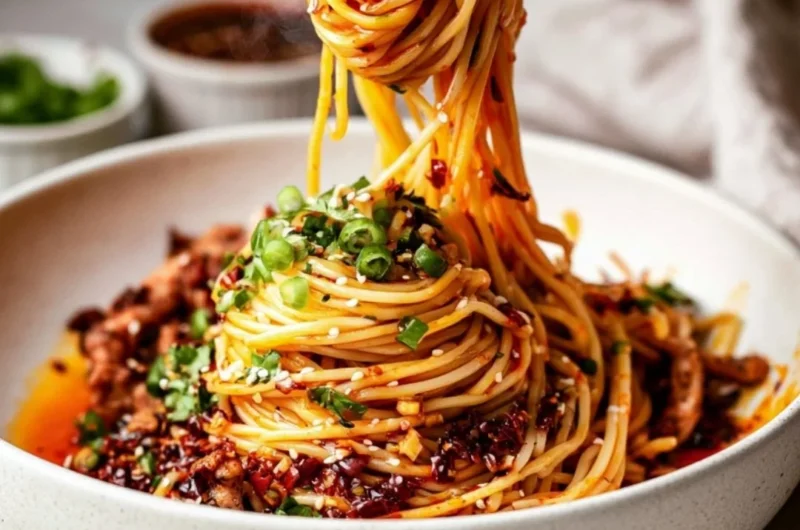 Bowl of Cozy Szechuan Noodles with colorful vegetables and spicy sauce