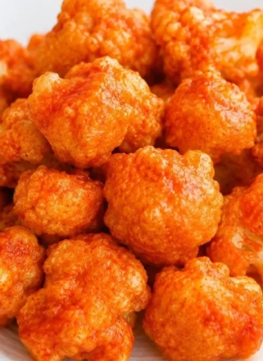 Delicious vegan cauliflower nuggets served with a dipping sauce