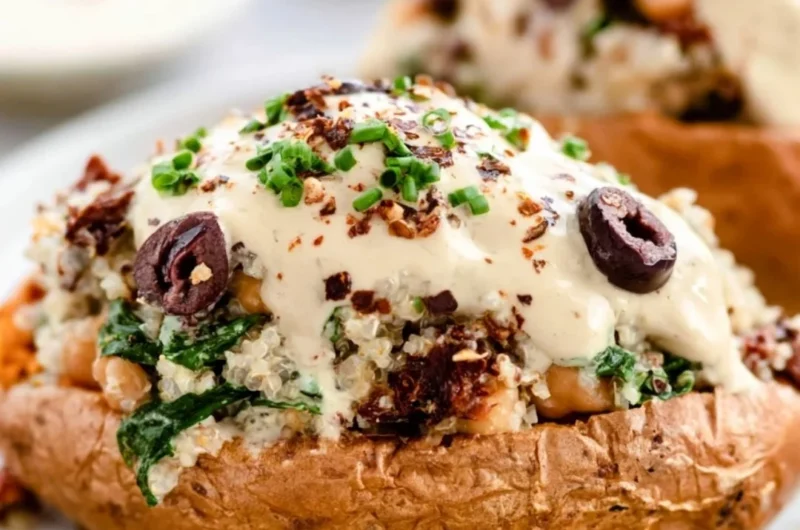 Delicious cozy vegan stuffed sweet potatoes with healthy fillings on a plate.