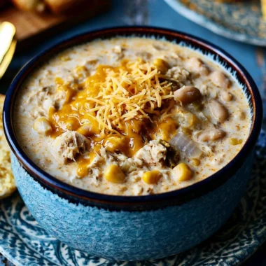 Bowl of cozy white chili topped with fresh herbs and cheese