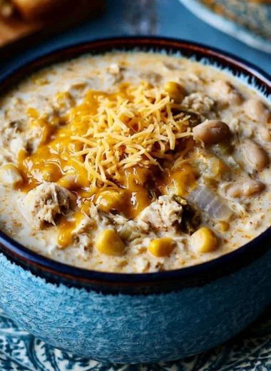 Bowl of cozy white chili topped with fresh herbs and cheese