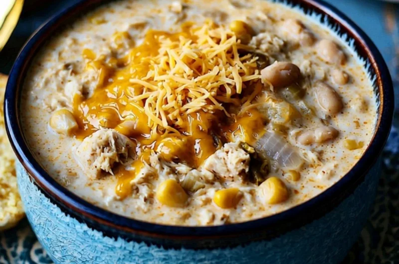 Bowl of cozy white chili topped with fresh herbs and cheese