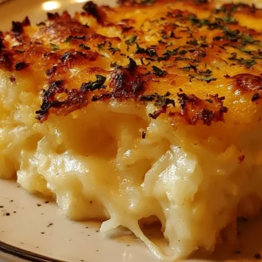 Delicious Cracker Barrel-style hash brown casserole topped with cheese and bacon