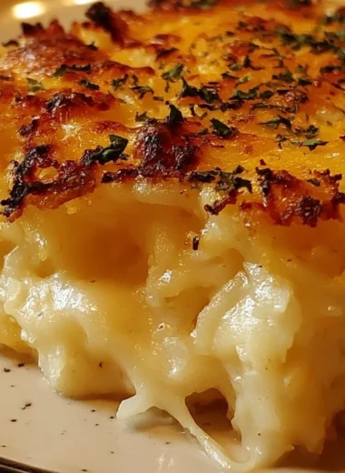 Delicious Cracker Barrel-style hash brown casserole topped with cheese and bacon