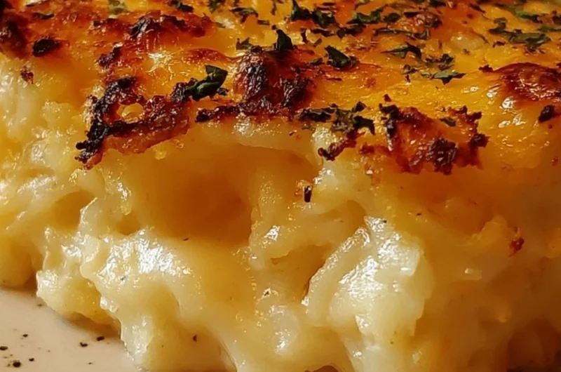 Delicious Cracker Barrel-style hash brown casserole topped with cheese and bacon
