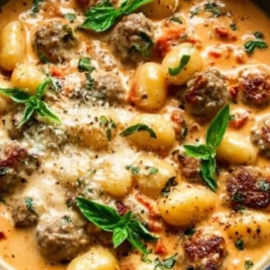 Creamy gnocchi dish with sausage served in a bowl
