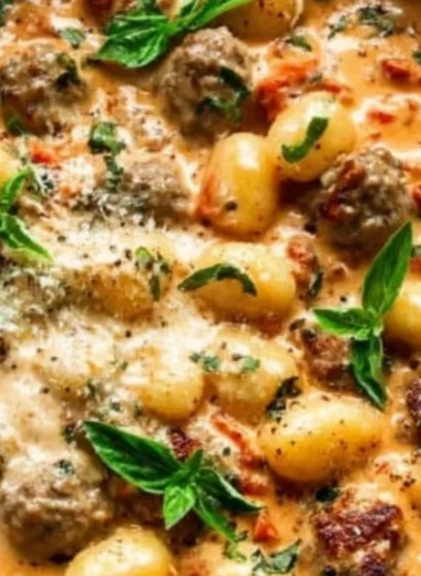 Creamy gnocchi dish with sausage served in a bowl