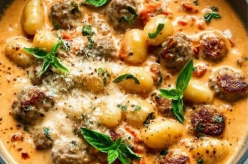 Creamy gnocchi dish with sausage served in a bowl