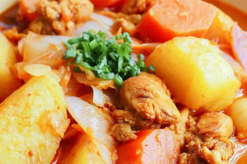 Delicious Dakbokkeumtang Korean chicken stew garnished with herbs and vegetables.
