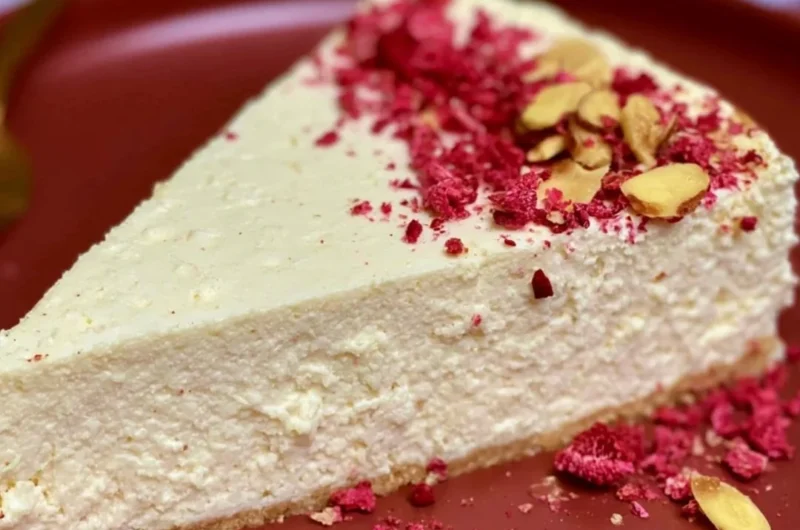 Slice of diabetic cheesecake topped with fresh berries and a light drizzle.
