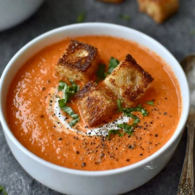 Bowl of easy creamy tomato soup garnished with fresh basil